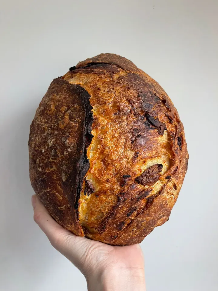 A round roasted garlic and cheddar sourdough loaf held up in one hand